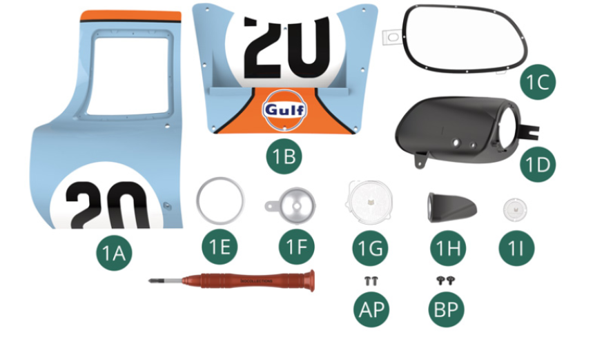 1A Porta sinistra 1B Copertura del cofano con presa d’aria del radiatore 1C Bolla del faro sinistro 1D Alloggiamento del faro sinistro 1E Coperchio del faro sinistro 1F Riflettore del faro sinistro 1G Lente del aro sinistro 1H Alloggiamento indicatore di direzione sinistro 1I Vetro indicatore di direzione sinistro Vite AP M 1,7 x 4 mm (x 2) Vite BP M 1,7 x 4 x 5 mm (x 2)