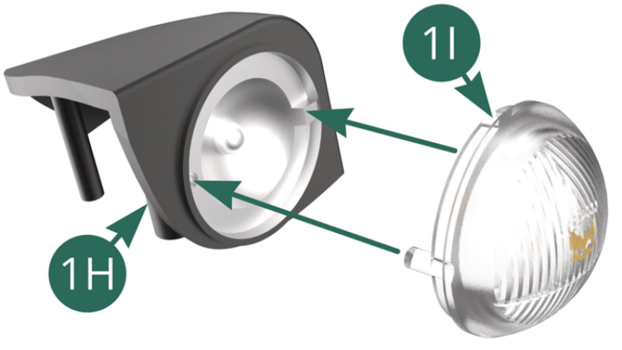 Positionner la lentille de clignotant gauche 1I sur le boîtier de clignotant gauche 1H.