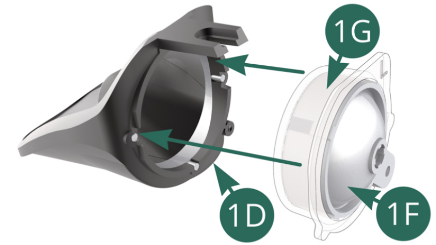 Coloque el reflector del faro izquierdo 1F y el conjunto de la lente del faro 1G en la carcasa del faro izquierdo 1D. 
