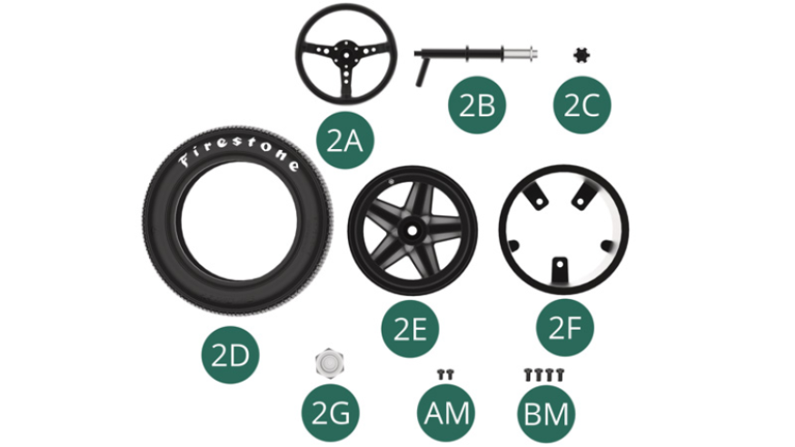 2A Volante 2B Piantone dello sterzo 2C Toppa del volante 2D Ruota anteriore  2E Cerchione esterno della ruota anteriore 2F Cerchione interno ruota anteriore 2G Coprimozzo AM Vite M 1,7 x 3 mm (x 2) BM Vite M 2,0 x 4 mm (x 4)