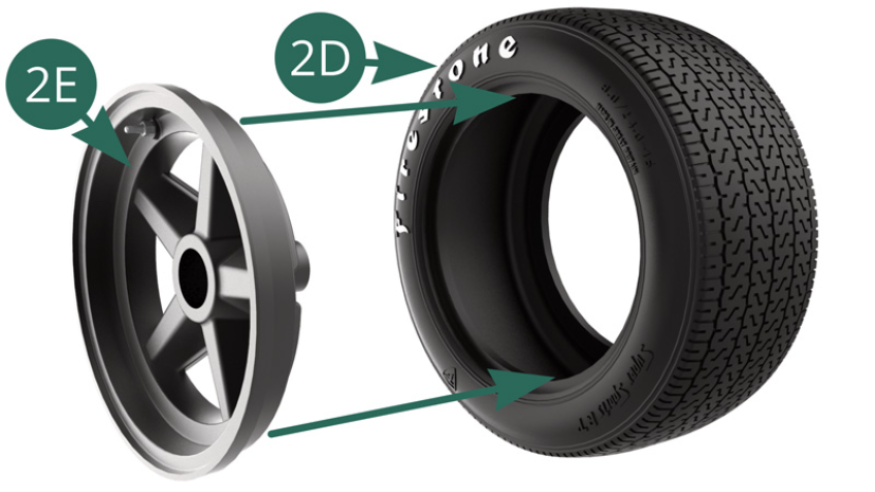 Mettere il pneumatico 2D in acqua calda per 2 minuti, quindi posizionare il cerchio esterno 2E sulla ruota 2D anteriore.