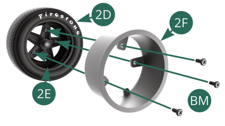 Coloque la llanta interior 2F en la rueda delantera 2D y fíjela a la llanta exterior 2E con tres tornillos BM. 