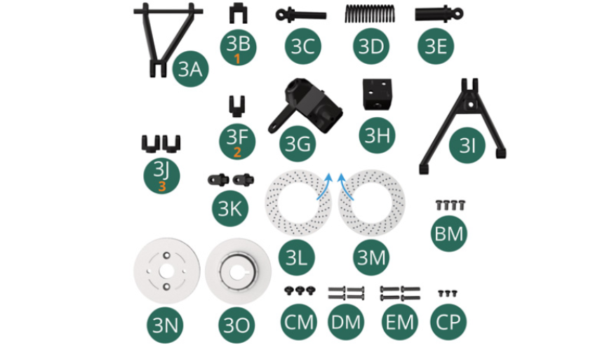 3A Bras oscillant supérieur3B Support supérieur d’amortisseur (marqué 1)3C Piston d’amortisseur3D Ressort d’amortisseur3E Cylindre d’amortisseur3F Support inférieur d’amortisseur (marqué 2)3G Haut du porte-moyeu3H Bas du porte-moyeu3I Bras oscillant inférieur3J Support de bras oscillant inférieur (x 2, marqué 3)3K Articulation du porte-moyeu (x 2)3L Surface externe du disque de frein (la flèche indique le sens des trous de ventilation)3M Surface interne du disque de frein (la flèche indique le sens des trous de ventilation)3N Demi-disque de frein intérieur3O Demi-disque de frein extérieurBM Vis M 2,0 x 4 mm (x 4)CM Vis M 2,0 x 3 x 5 mm (x 3)DM Vis M 2,0 x 8 mm (x 4)EM Vis M 2,0 x 9 mm (x 4)CP Vis M 1,7 x 3 mm (x 3)