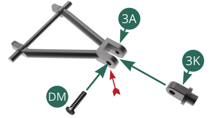 Coloque la articulación de mangueta 3K en el brazo oscilante superior 3A y fíjela con un tornillo DM, pasándolo por el orificio más grande (flecha roja). Coloque la parte superior de la mangueta 3G en la articulación de mangueta 3K y asegúrela con un tornillo CM.