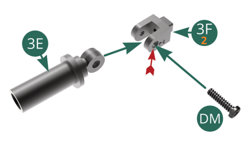 Positionner le support inférieur d’amortisseur 3F (marqué 2) sur le cylindre d’amortisseur 3E et le fixer avec une vis DM en passant celle-ci dans le trou le plus large (flèche rouge).