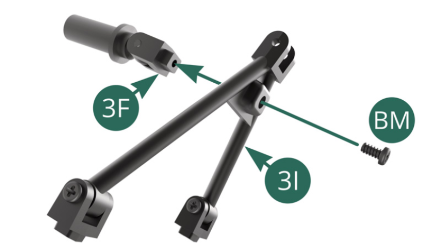 Positionieren Sie die untere Halterung des 3F-Stoßdämpfers an der unteren 3I-Schwinge und befestigen Sie sie mit einer BM-Schraube. 