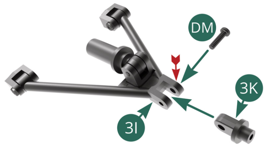 Positionner l’articulation du porte-moyeu 3K sur le bras oscillant inférieur 3I et la fixer avec une vis DM en passant celle-ci dans le trou le plus large (flèche rouge).