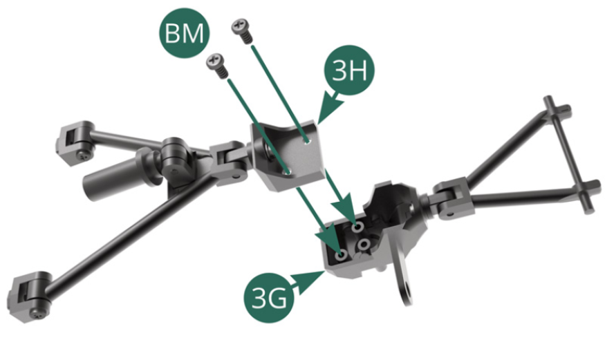 Positionieren Sie die Unterseite des 3H-Nabenträgers oben auf dem 3G-Nabenträger und befestigen Sie ihn mit zwei BM-Schrauben.