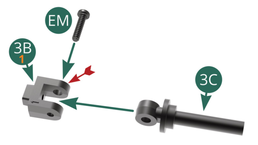 Positionner le support supérieur d’amortisseur 3B (marqué 1) sur le piston d’amortisseur 3C et le fixer avec une vis EM en passant celle-ci dans le trou le plus large (flèche rouge).