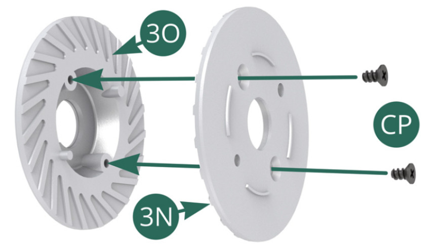 Positionner ensemble les demi-disques de frein intérieur 3N et extérieur 3O et les fixer avec deux vis CP.