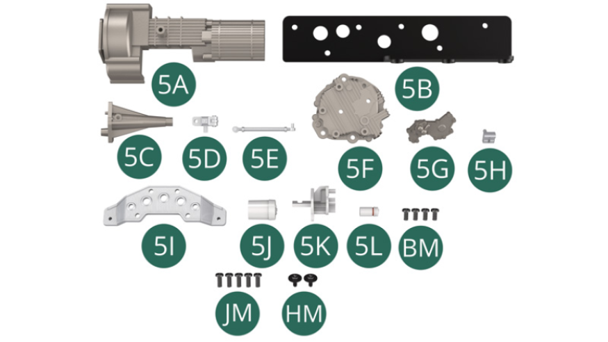 5A Gearbox housing underside 5B Internal support 5C Gearbox support lever 5D Support stop 5E Stabilization link 5F Gearbox rear housing 5G Rear crankcase cover 5H Gearbox rear pump 5I Exhaust pipe support 5J Starter 5K Starter support 5L Starter coil BM Screw M 2.0 x 4 mm (x 4) JM Screw M 2.0 x 5 mm (x 5)HM Screw M 1.7 x 4 x 6 mm (x 2)