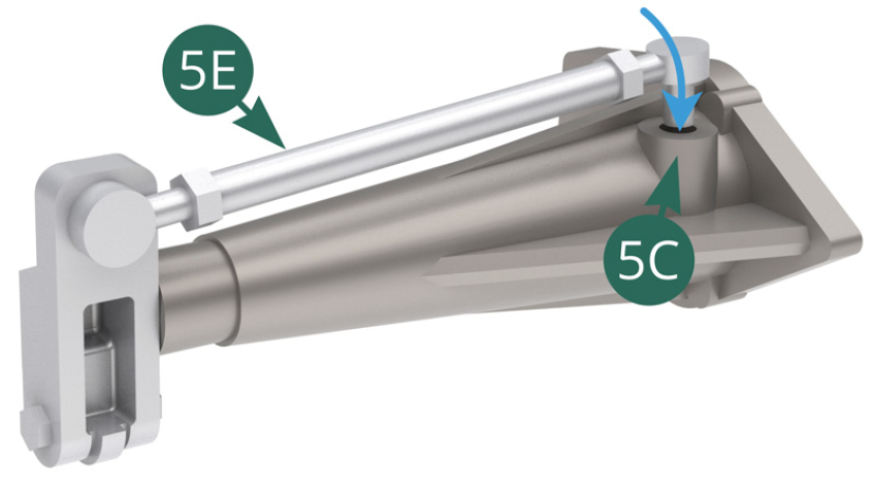 Posizionare l'asta di stabilizzazione 5E sulla battuta di supporto 5D e, con movimento rotatorio (freccia blu), posizionare l'altra estremità nell'alloggiamento previsto sulla leva di supporto 5C (illustrazione sotto).