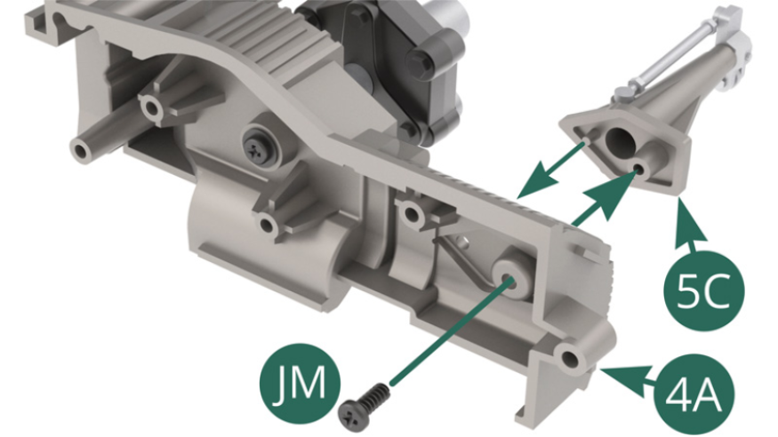 Position the gearbox support lever 5C on the right crankcase 4A and secure it with a JM screw. 