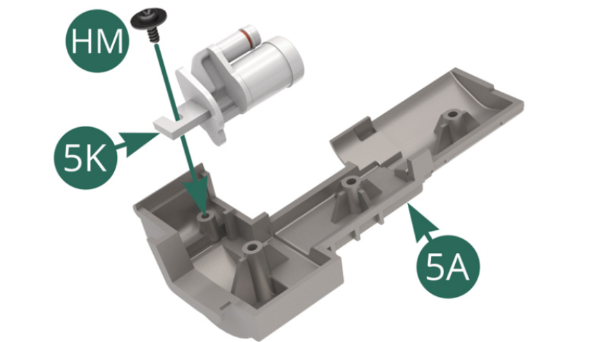 Position the starter assembly on the underside of the 5A gearbox housing through the 5K bracket and secure it with an HM screw.