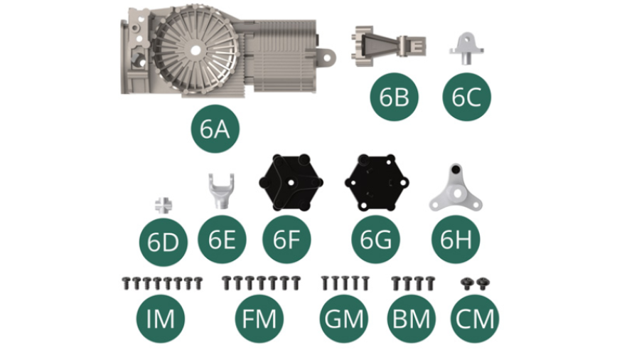 6A Carter gauche de boîte de vitesses 6B Support de montage côté gauche6C Joint de transmission6D Croisillon6E Joint de transmission6F Flector intérieur6G Flector extérieur6H Tulipe de cardanIM Vis M 1,7 x 3,5 mm (x 8)FM Vis M 1,7 x 4 mm (x 7)GM Vis M 1,7 x 5 mm (x 5)BM Vis M 2,0 x 4 mm (x 4)CM Vis M 2,0 x 3 x 5 mm (x 2)