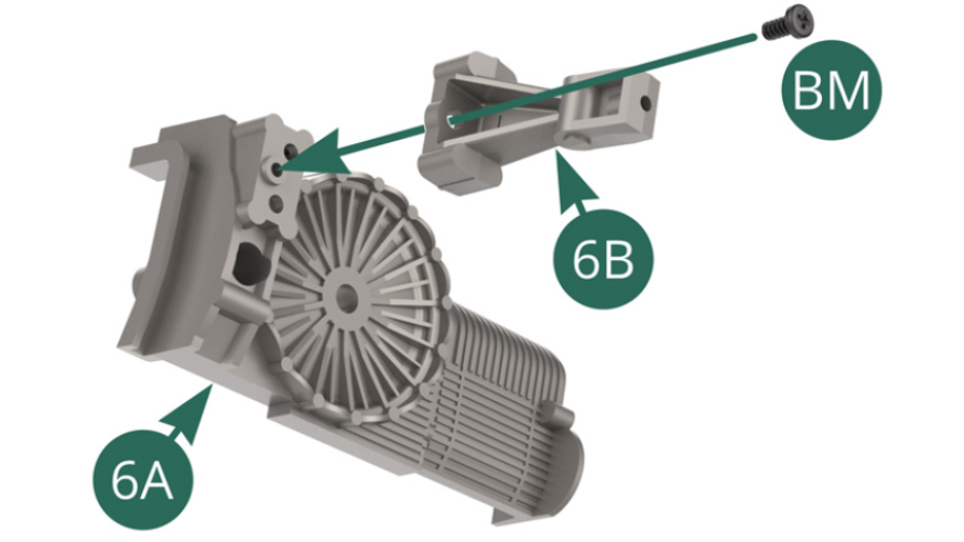 Position the left side mounting bracket 6B on the left gearbox housing 6A and secure it with a BM screw.