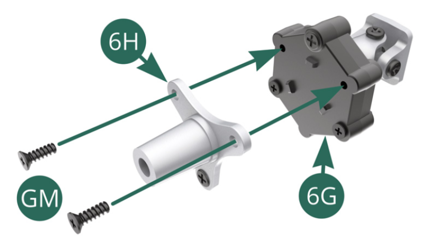 Coloque la tulipa de cardán 6H en el Flector externo 6G y fíjelo con dos tornillos GM.