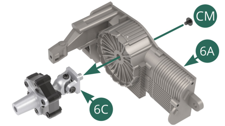 Position the shaft of the 6C transmission seal on the left housing of the 6A gearbox and secure it with a CM screw. 