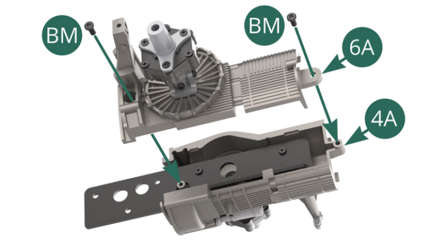 Position the left casing of the 6A gearbox on the right casing 4A and secure the assembly with two BM screws 