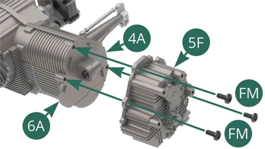 Position the 5F gearbox rear casing on the end of the right and left casings and secure it with three FM screws.