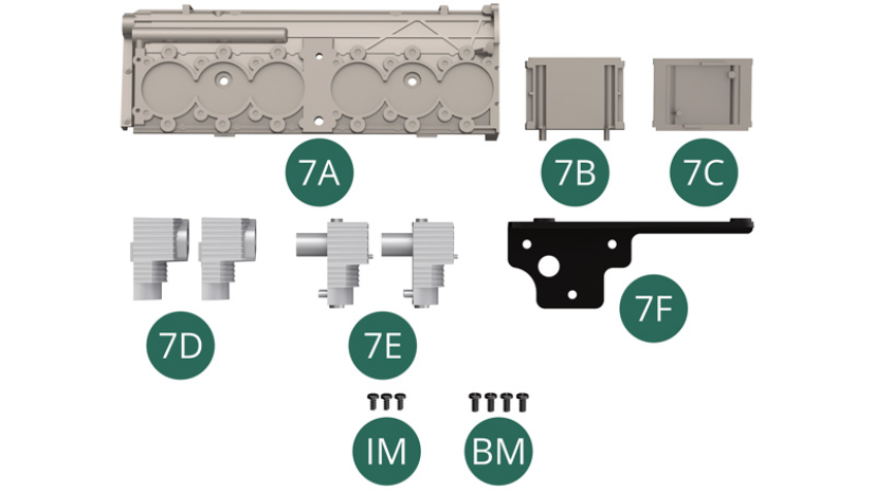 7A Bloque motor derecho 7B Carcasa del filtro de aceite 7C Tapa del filtro de aceite 7D Parte superior del cilindro (x 2) 7E Parte inferior del cilindro (x 2) 7F Soporte de conexión Tornillo IM M 1.7 x 3.5 mm (x 3) Tornillo BM M 2.0 x 4 mm (x 4)