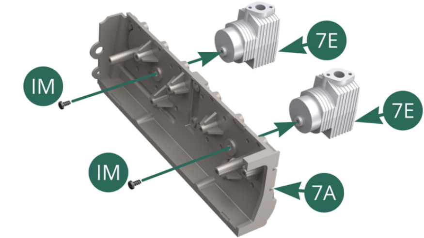 Position the two cylinders assembled via their lower parts 7E on the external face of the right engine block 7A and secure them with two screws IM.