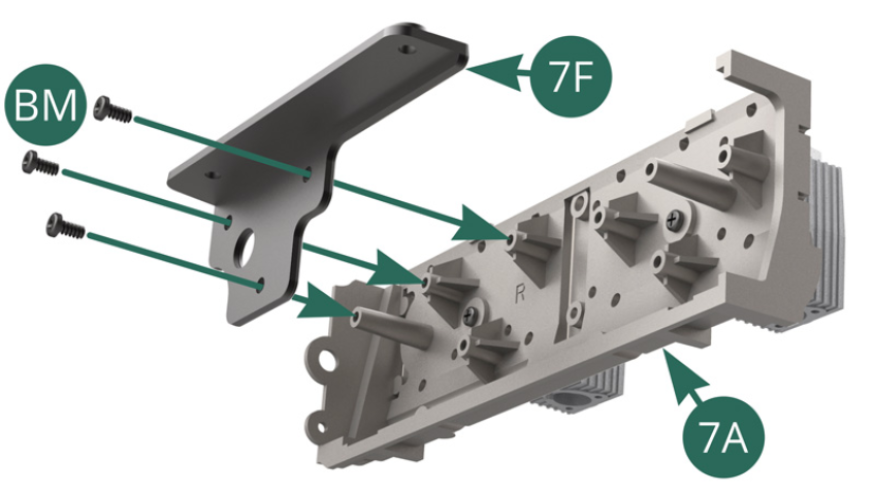 Position the link support 7F on the internal face of the right engine block 7A and secure it with three BM screws.