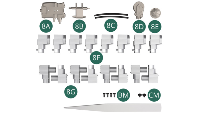8A Boîtier de pompe à eau 8B Pompe à huile8C Durite d’huile (x 2)8D Support de filtre à huile8E Couvercle de filtre à huile8F Partie supérieure de cylindre (x 8)8G Partie inférieure de cylindre (x 8)BM Vis M 2,0 x 4 mm (x 4)CM Vis M 2,0 x 3 x 5 mm (x 2)