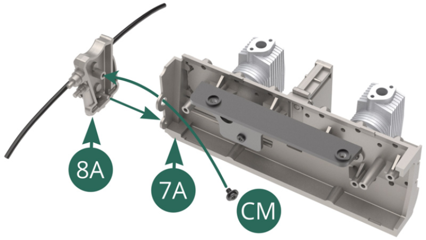 Position the water pump housing 8A at the end of the right engine block 7A and secure it with a CM screw. 