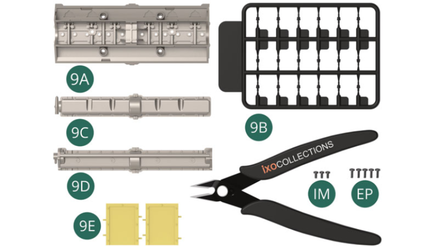 9A Culata derecha 9B Bujías (x 12 + 6 adicionales) 9C Tapa de la válvula de admisión 9D Tapa de la válvula de escape 9E Mamparo (x 2) Tornillo IM M 1.7 x 3.5 mm (x 3) Tornillo EP M 1,7 x 5 mm (x 5) 