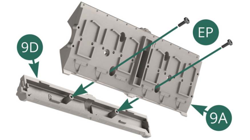 Positionieren Sie die Auslassventildeckel 9D auf der Unterseite des rechten Zylinderkopfs 9A und befestigen Sie sie mit zwei EP-Schrauben. 