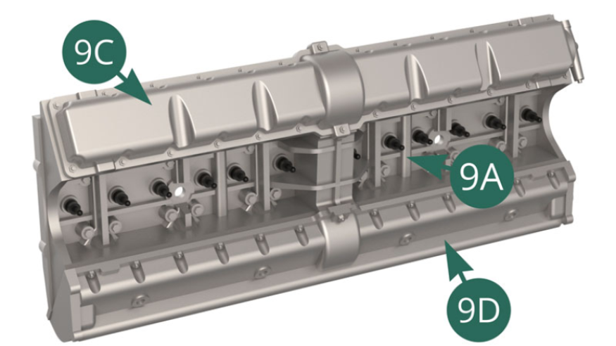 9C- und 9D-Ventildeckel und 9B-Zündkerzen am rechten Zylinderkopf. 