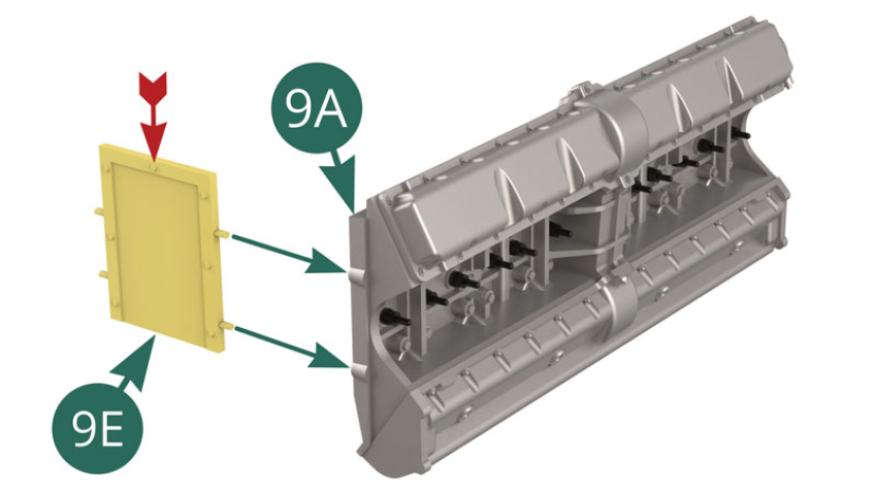 Positionieren Sie die erste Trennwand 9E mit der genieteten Seite nach außen (roter Pfeil) an der Seite am linken Ende des Zylinderkopfs 9A.