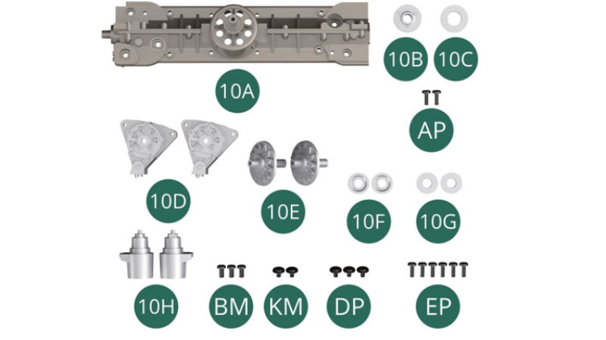 10A Kurbelgehäuse oben 10B Riemenscheibe 10C O-Ring 10D Generator (x 2) 10E Vordere Abdeckung und Achse (x 2) 10F Riemenscheibe (x 2) 10G O-Ring (x 2) 10H Verteilerbasis (x 2) BM Schraube M 2,0 x 4 mm (x 3) KM Schraube M 1,7 x 3 x 5 mm (x 2) DP-Schraube M 1,7 x 3 x 5 mm (x 3) EP-Schraube M 1,7 x 5 mm (x 5) AP-Schraube M 1,7 x 4 mm (x 2) 