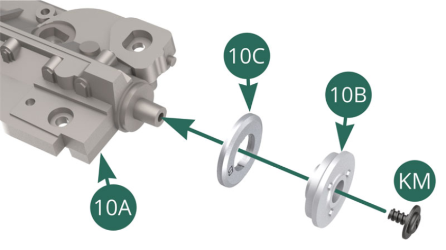 Setzen Sie den O-Ring 10C auf die Riemenscheibe 10B, positionieren Sie die Baugruppe am Wellenausgang der Kurbelgehäuseoberseite 10A und befestigen Sie sie mit einer KM-Schraube.