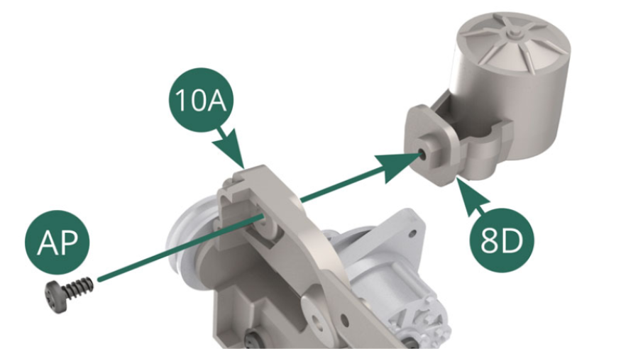 Positionieren Sie den 8D-Ölfilter oben auf dem 10A-Kurbelgehäuse und sichern Sie ihn mit einer AP-Schraube.