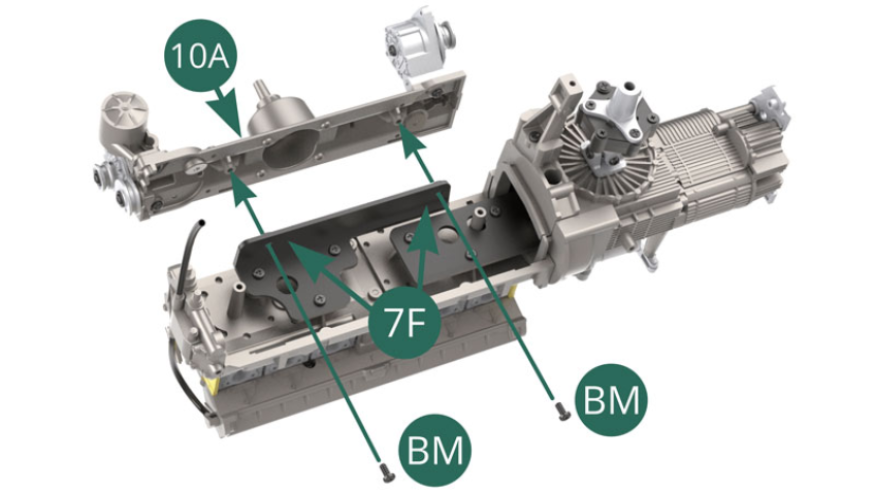 Positionner le dessus de carter moteur 10A sur le support de liaison 7F et le fixer avec deux vis BM.