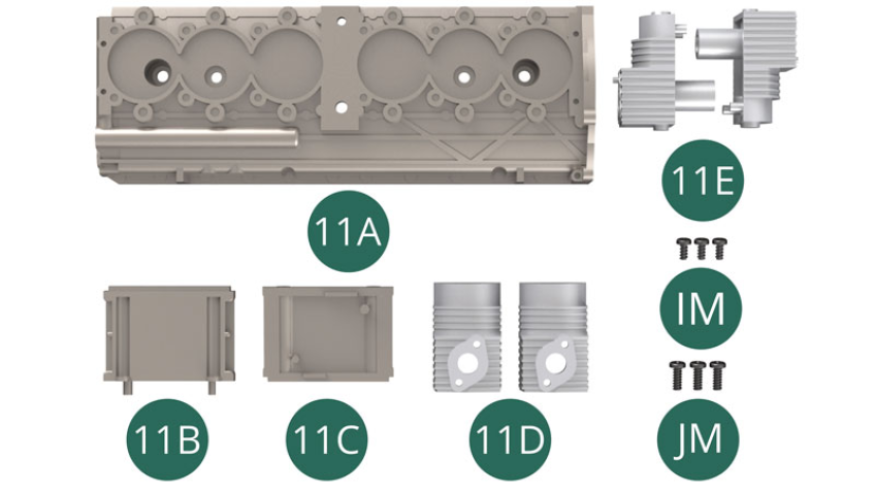 11A Bloc moteur gauche11B Boîtier de transmission11C Couvercle de boîtier de transmission11D Partie supérieure de cylindre (x 2)11E Partie inférieure de cylindre (x 2)IM Vis M 1,7 x 3,5 mm (x 3)JM Vis M 2,0 x 5 mm (x 3)