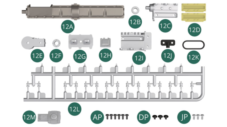 12A Einlassventildeckel 12B Hauptzahnrad 12C Kompressor 12D Seitenabdeckung (x 2) 12E Kompressorgehäuse 12F Sekundärritzel (beachten Sie die vier Nieten an der Seite) 12G Kompressorbasis 12H Inspektionsluke 12I Außenkörper des Kompressors 12J Anschluss 12K Zahnriemen 12L Einspritzdüse (x 15) 12M Gehäusedeckel AP-Schraube M 1,7 x 4 mm (x 6) DP-Schraube M 1,7 x 3 x 5 mm (x 3) JP-Schraube M 1,7 x 4 mm (x 3, Silber) 