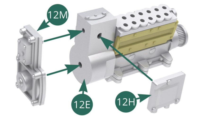 Posizionare il coperchio dell'alloggiamento 12M e lo sportello di ispezione 12H sull'alloggiamento del compressore 12E. 