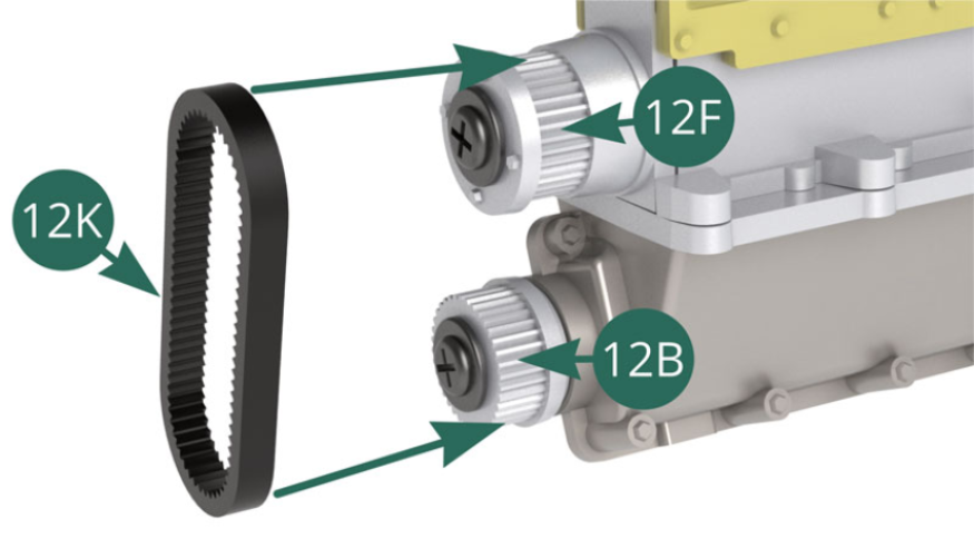Posizionare la cinghia dentata attorno al pignone secondario 12F e al pignone principale 12B. 