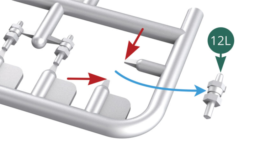 Détacher du support avec précaution douze buses d’injecteur 12L en utilisant la pince (flèches rouges).