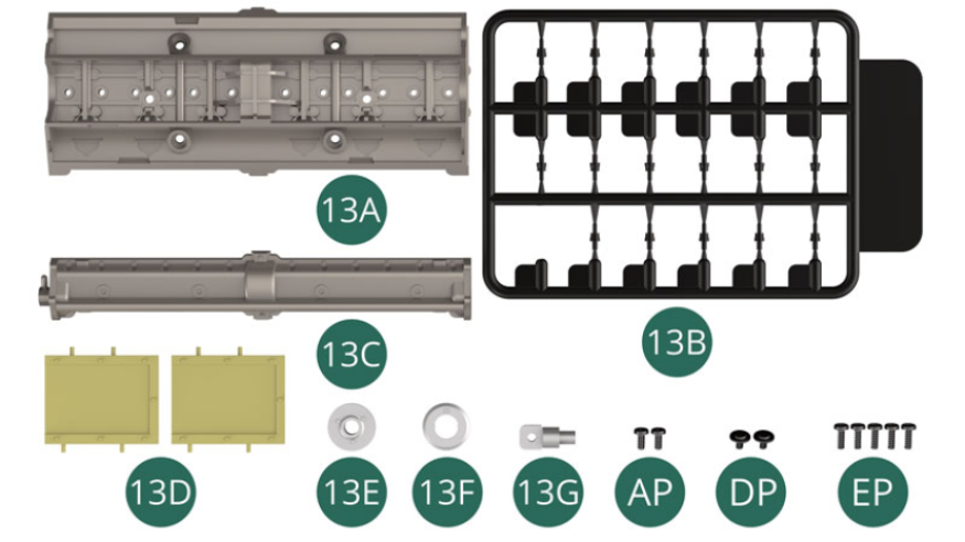 13A Testata cilindro sinistra 13B Candele (x 12 + 6 aggiuntive) 13C Coperchio valvola di scarico 13D Partizione  (x 2) 13E Puleggia esterna 13F Puleggia interna 13G Puleggia albero Vite AP M 1,7 x 4 mm (x 2) Vite DP M 1,7 x 3 x 5 mm (x 2) Vite EP M 1,7 x 5 mm (x 5) 