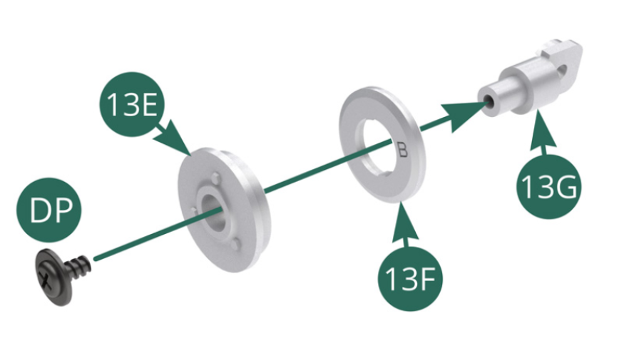 Positionner les poulies intérieure 13F et extérieure 13E sur l’axe 13G et les fixer avec une vis DP.