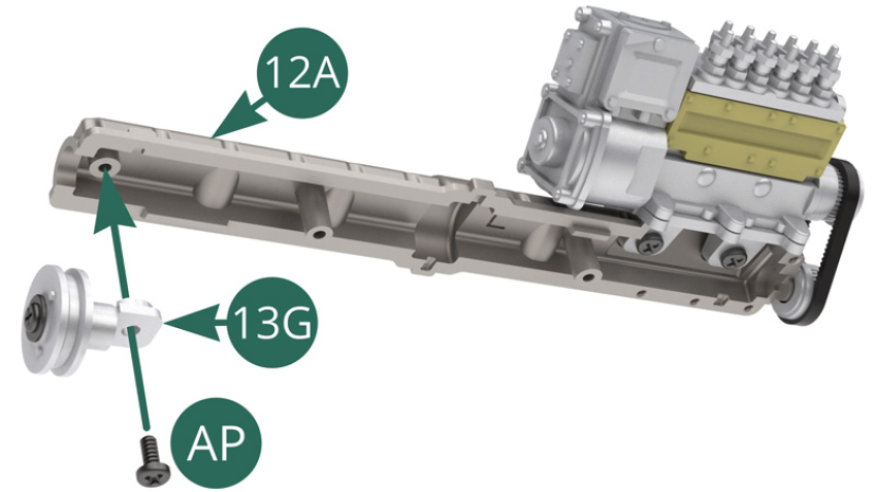 Monta el eje de la polea 13G en la tapa de la válvula de admisión 12A y asegúralo con un tornillo AP. 