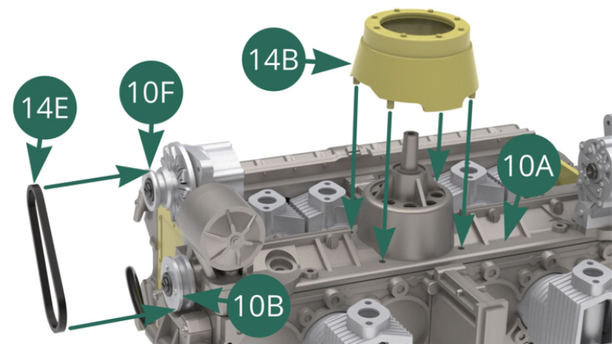 Positionner le guide supérieur de flux d’air 14B sur le dessus de carter moteur 10A.