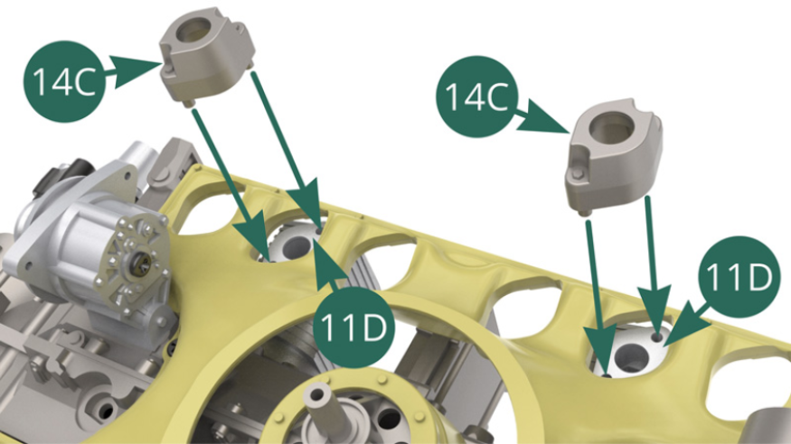 Positionner deux supports d’admission d’air 14C sur les parties supérieures de cylindre 11D du côté gauche du moteur.