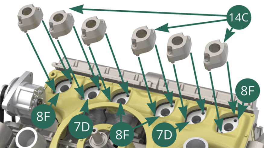 Positionner six supports d’admission d’air 14C sur les parties supérieures de cylindre 8F (x 4) et 7D (x 2) du côté droit du moteur.