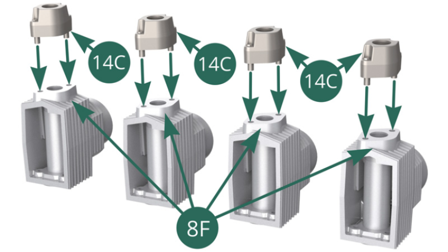 Posizionare quattro staffe della presa d'aria 14C sulle quattro parti superiori del cilindro 8F 