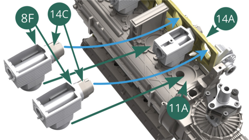 Instala dos partes superiores del cilindro 8F en el bloque de motor izquierdo 11A, pasando los dos soportes de admisión de aire 14C a través de las aberturas provistas en la parte superior de la cámara de refrigeración por aire 14A, como lo indican las flechas azules (ilustraciones arriba y al lado). 